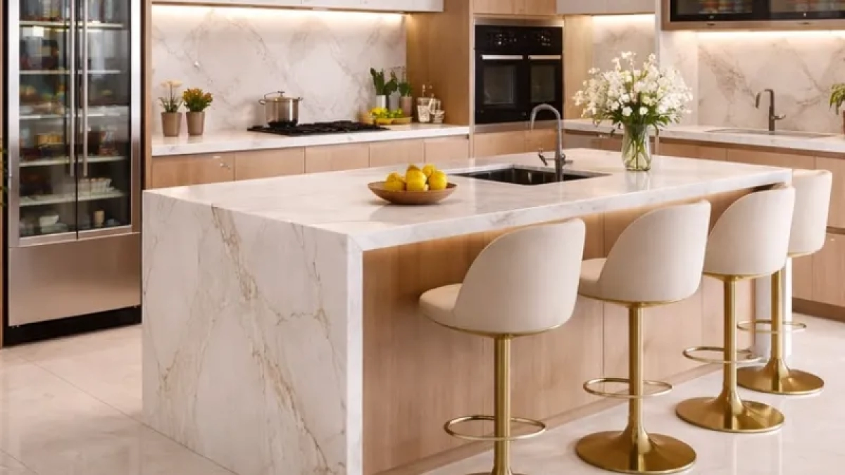 beige quartz countertop warm kitchen wood cabinets