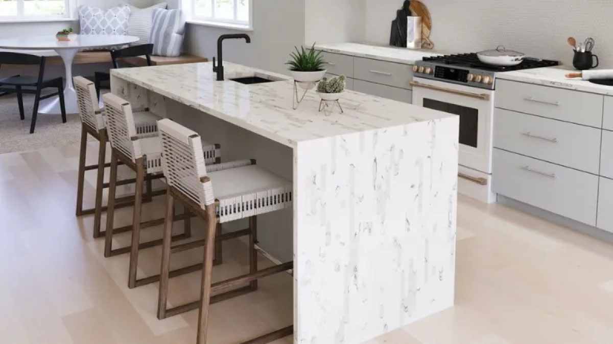 bookmatched quartz countertop kitchen island
